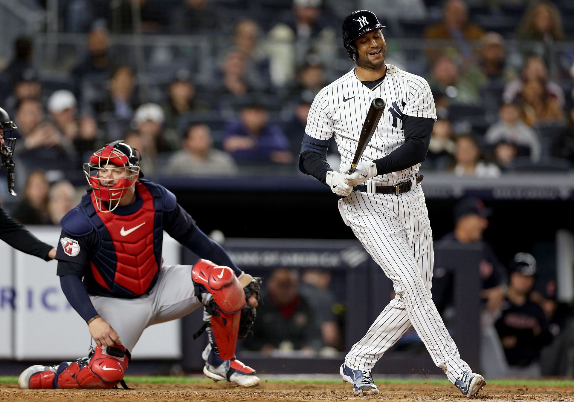 Aaron Hicks of the New York Yankees reacts after he struck out to end a game.
