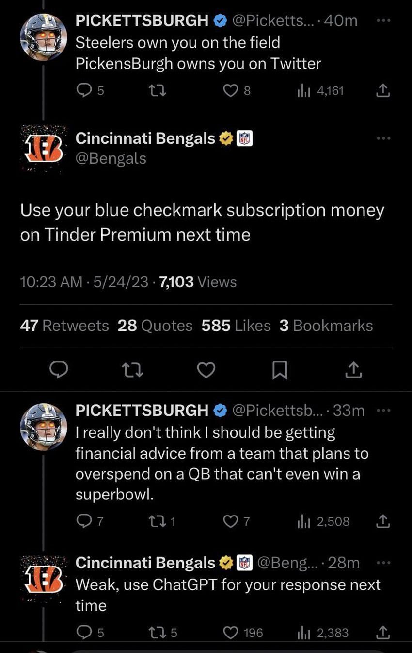 Ảnh chụp màn hình cuộc trao đổi Twitter gần đây giữa nhà điều hành mạng xã hội Cincinnati Bengals và người dùng Twitter Pickettsburgh.  (Tín dụng hình ảnh: Reddit.com)