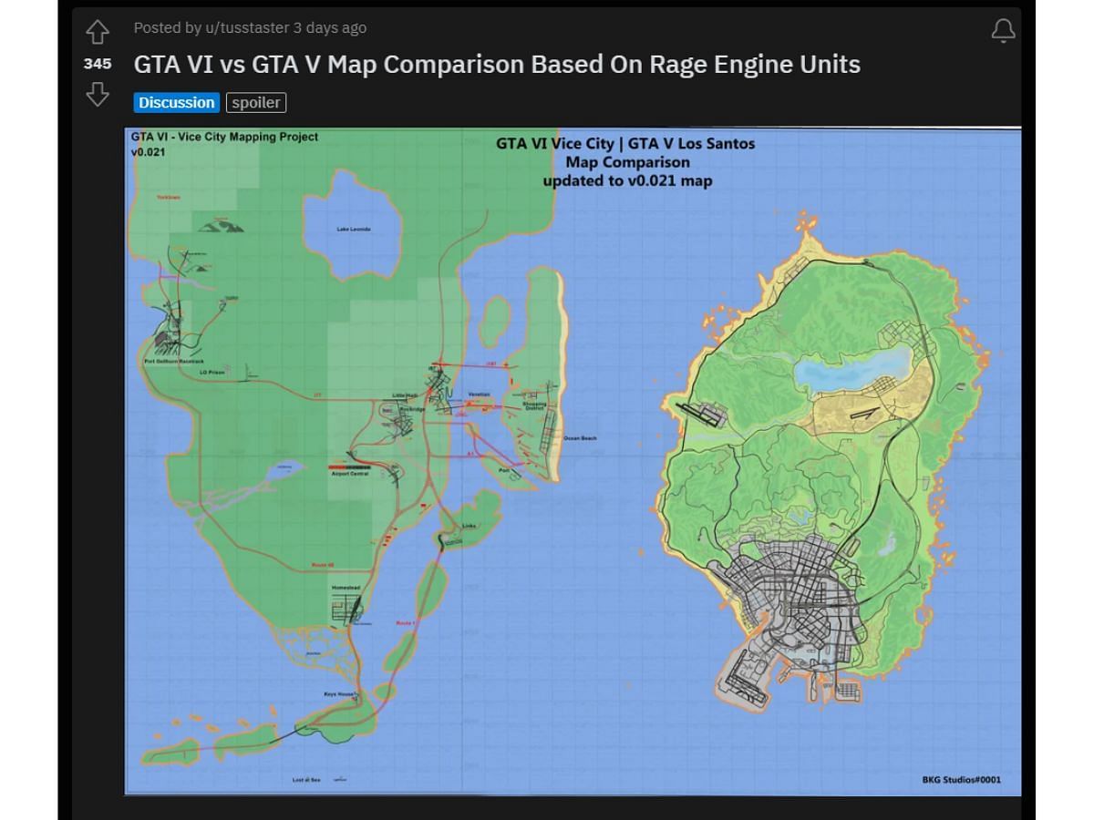 Leaked map of the new Vice City (Image via Reddit: u/tusstaster)