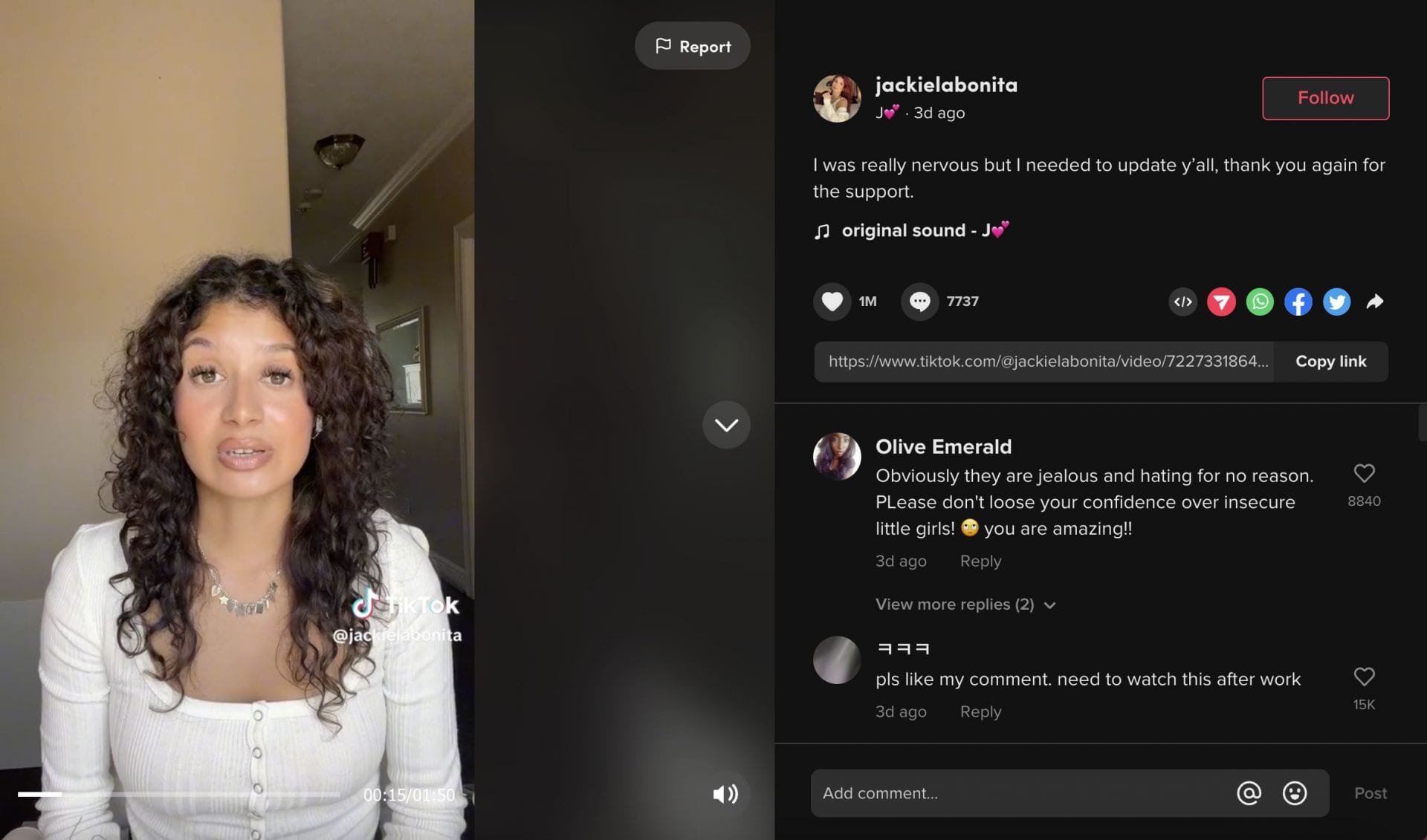 "No need for more hurt" TikTok's Jackie La Bonita addresses bullying drama in latest video and