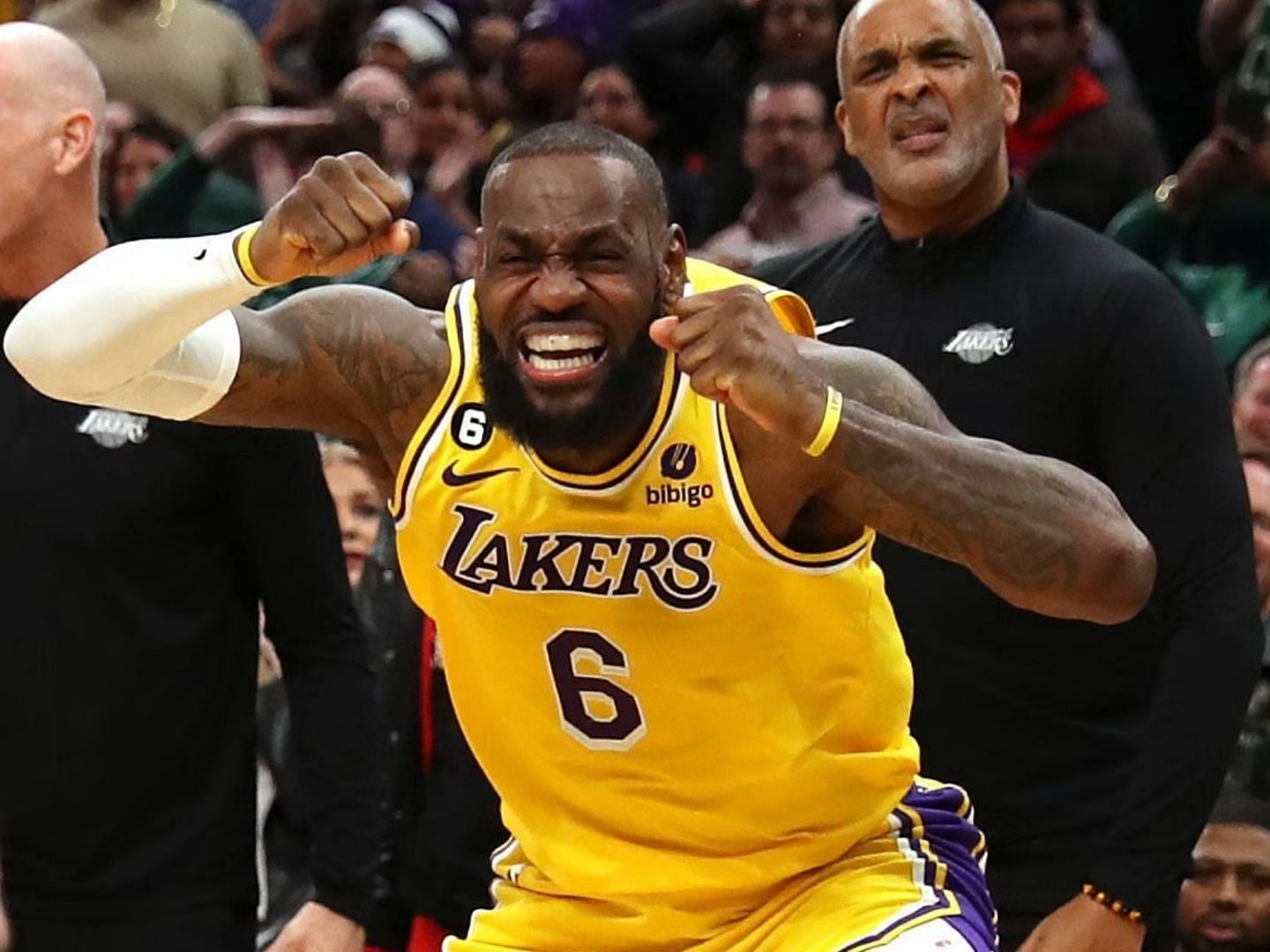 LeBron James of the LA Lakers during a game against the Boston Celtics.