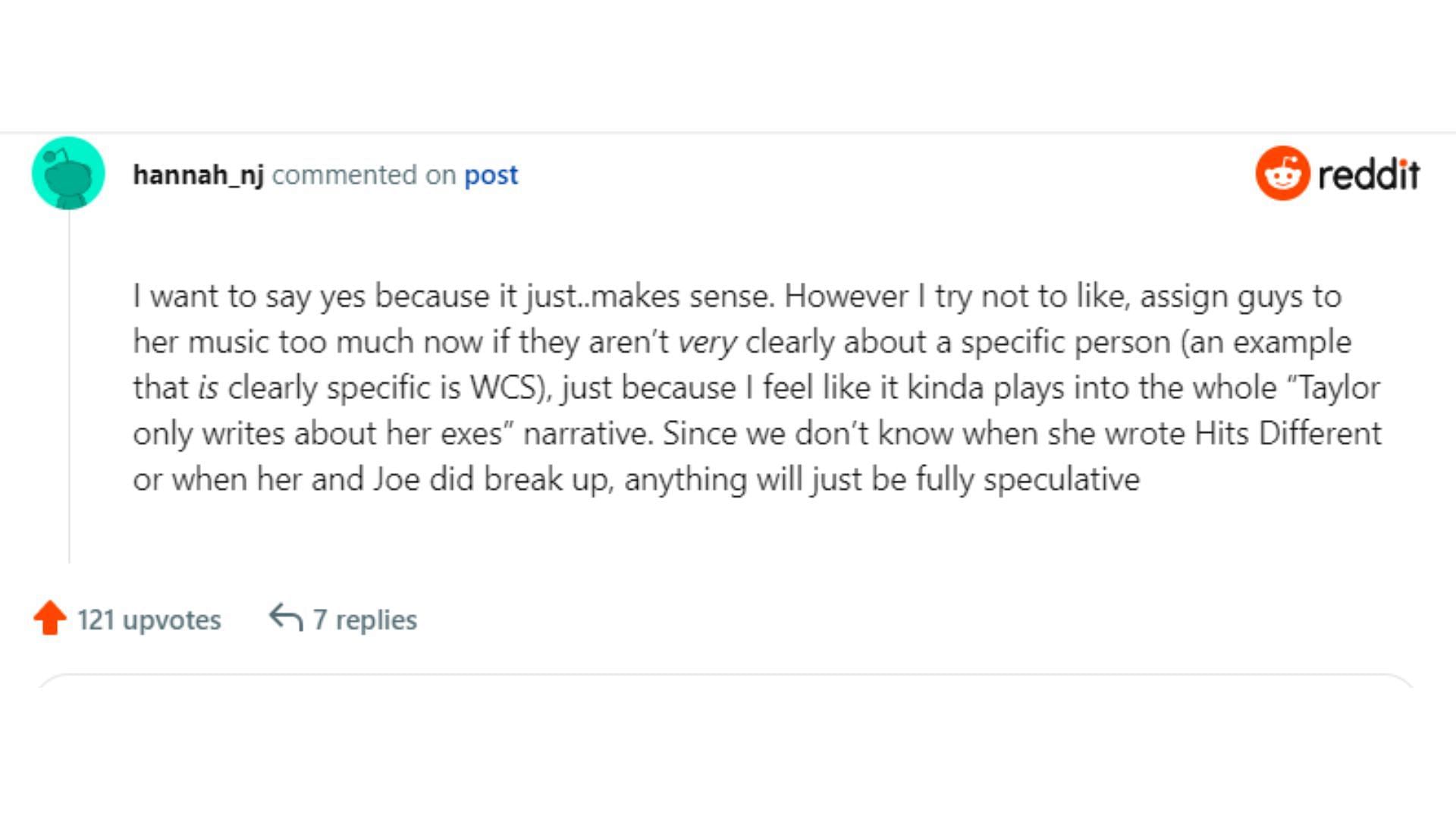A comment reacting to the Hits Different lyrics (Image via Reddit/ @hannah_nj)