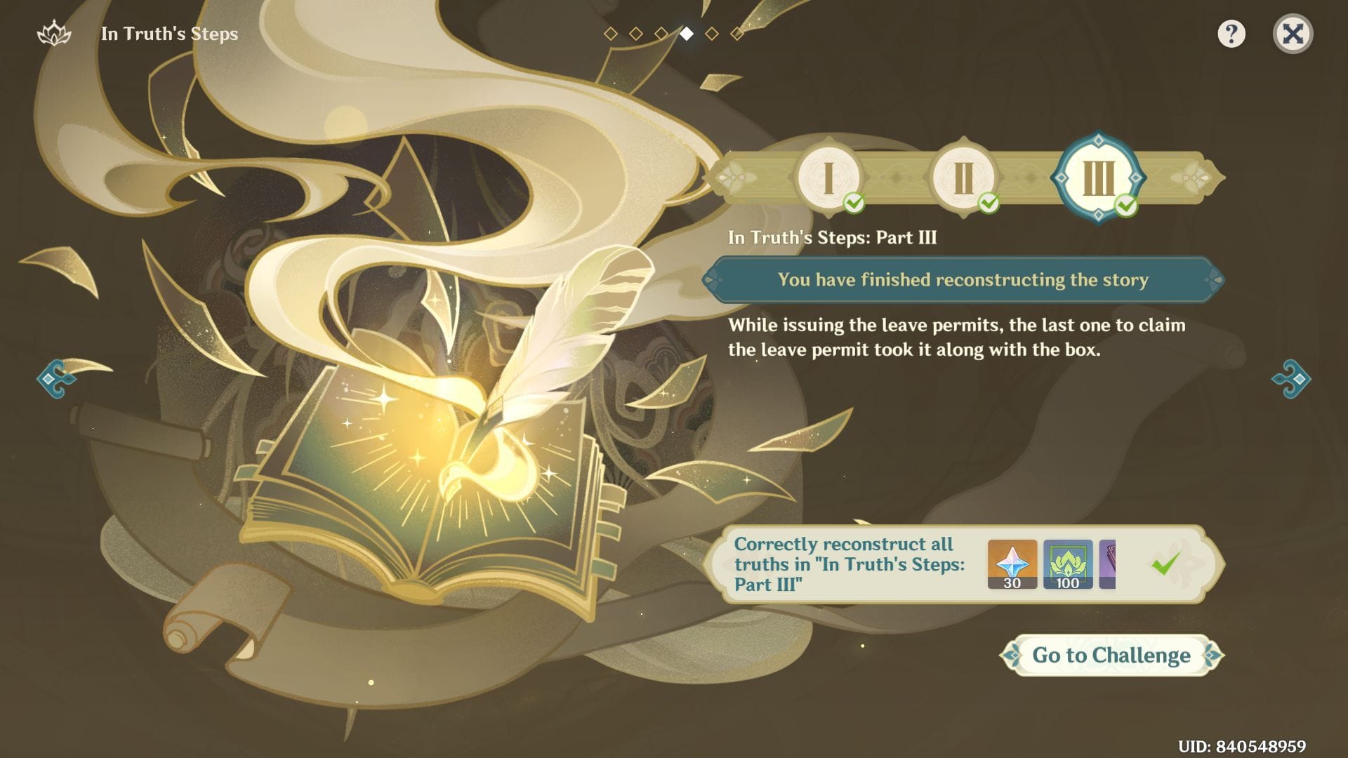 Genshin Impact In Truth's Steps guide for all 3 parts Correct answers list