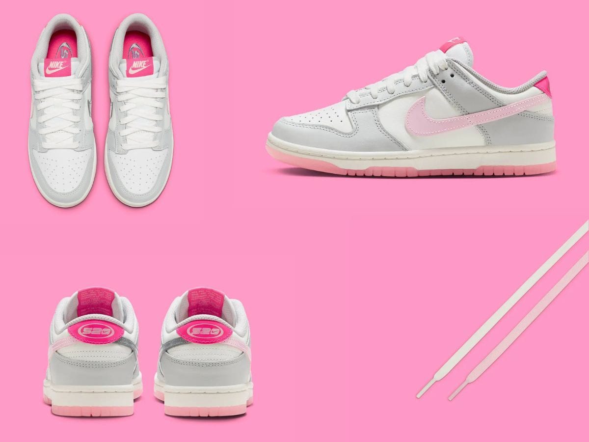 pink and grey low dunks