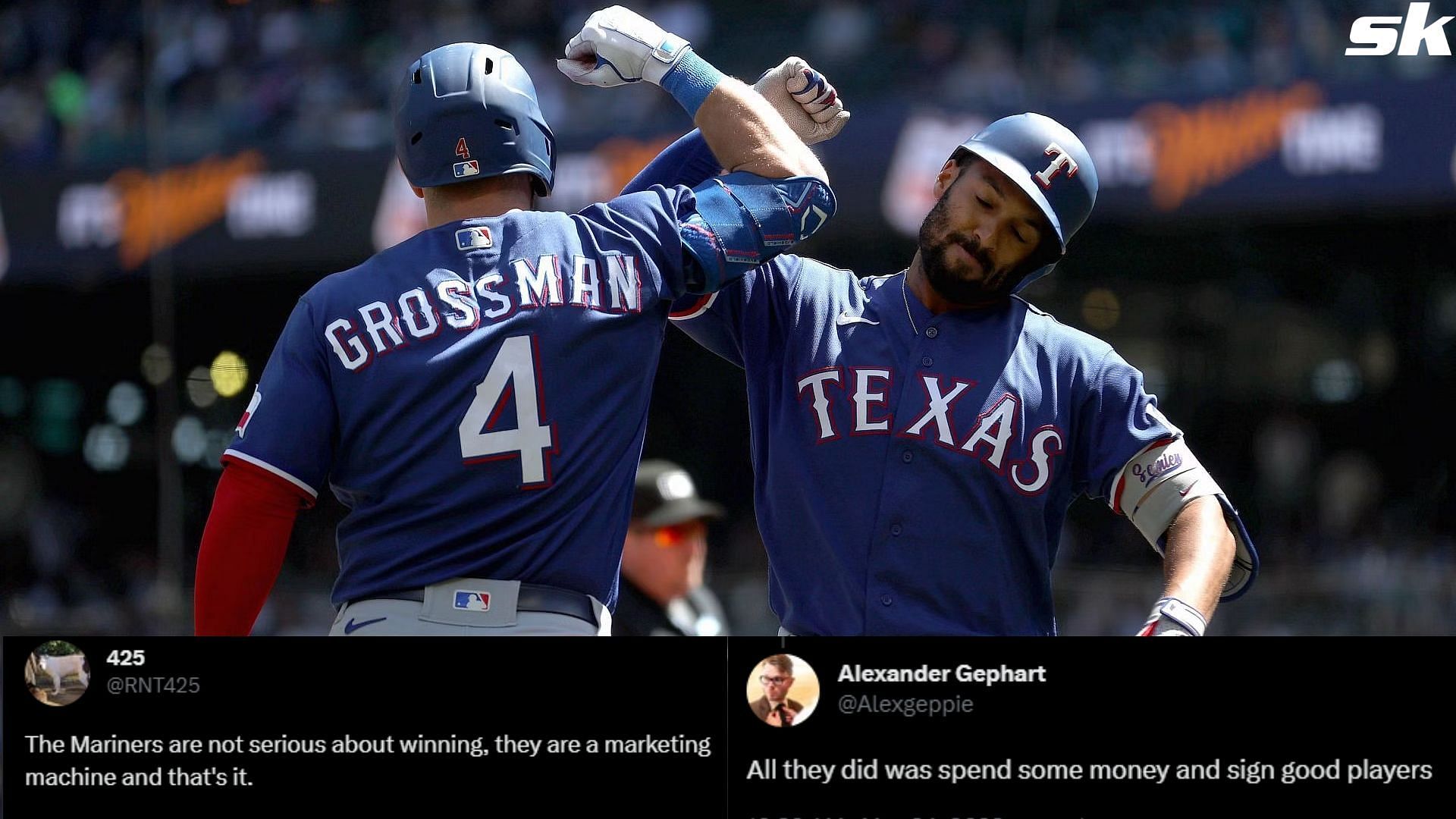 Texas Rangers players celebrate a good play against Seattle Mariners