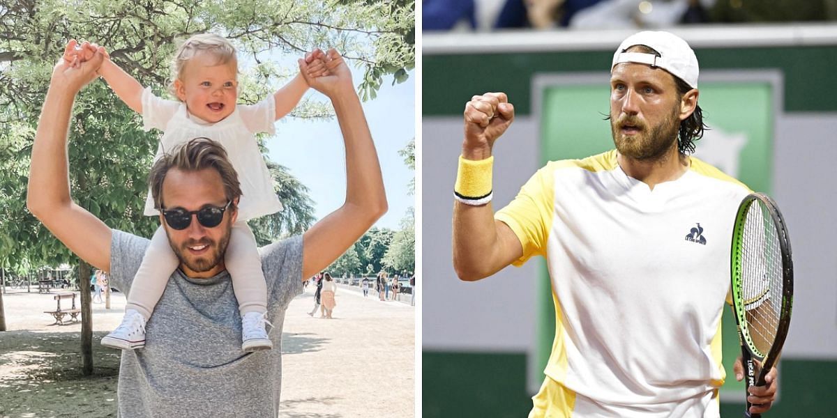 Lucas Pouille with his daughter (L) and Lucas Pouille at French Open (R)
