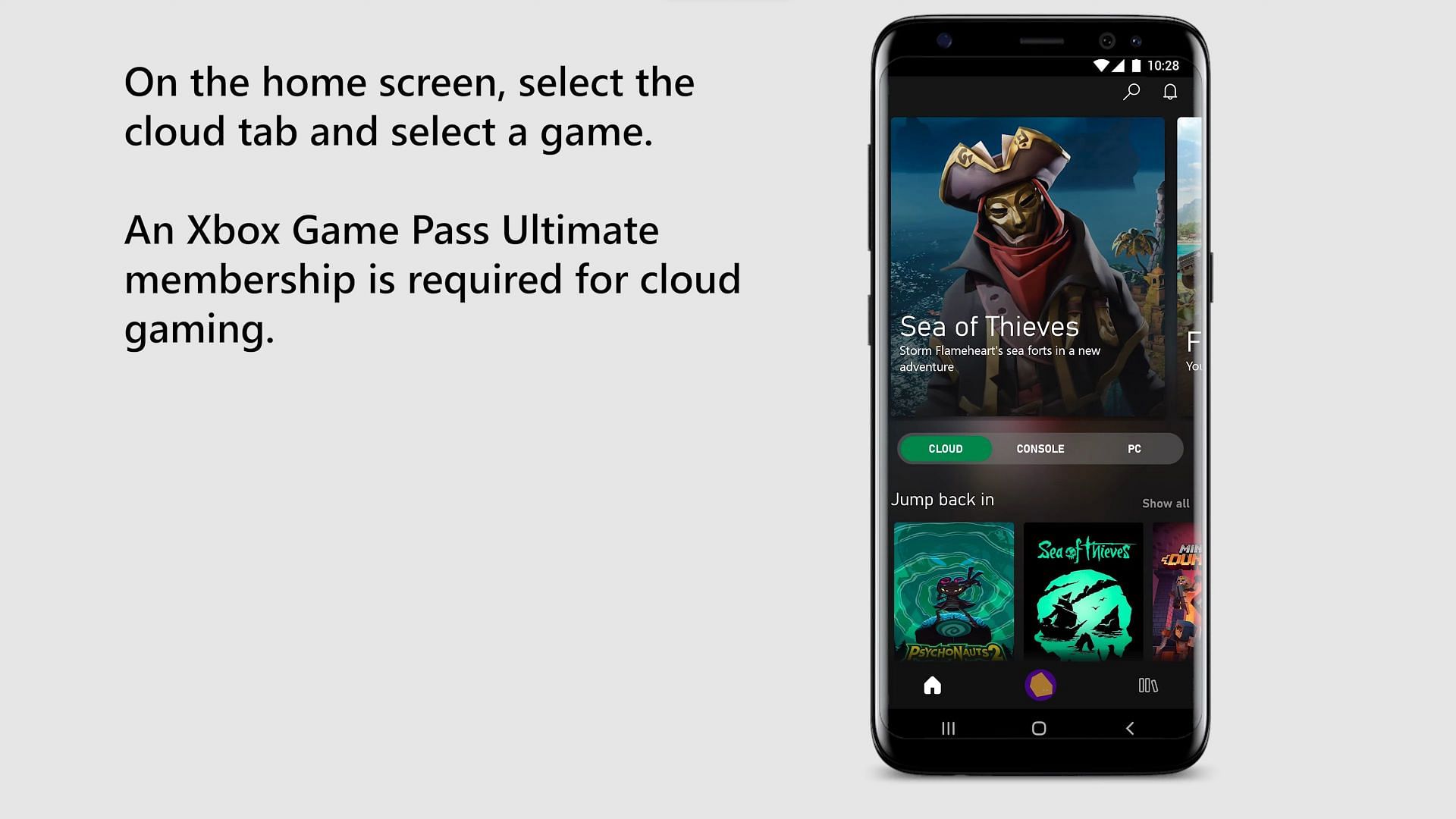 All games supporting Xbox cloud gaming show up in the Cloud tab (Image via Xbox Support)