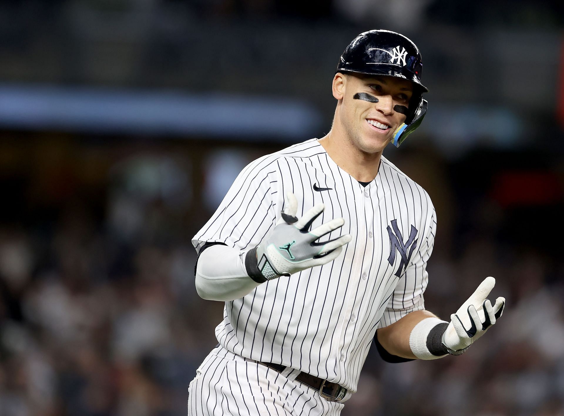 Aaron Judge #99 of the New York Yankees celebrates his solo home run in the ninth inning to tie the game against the Baltimore Orioles at Yankee Stadium on May 23, 2023 in Bronx borough of New York City.