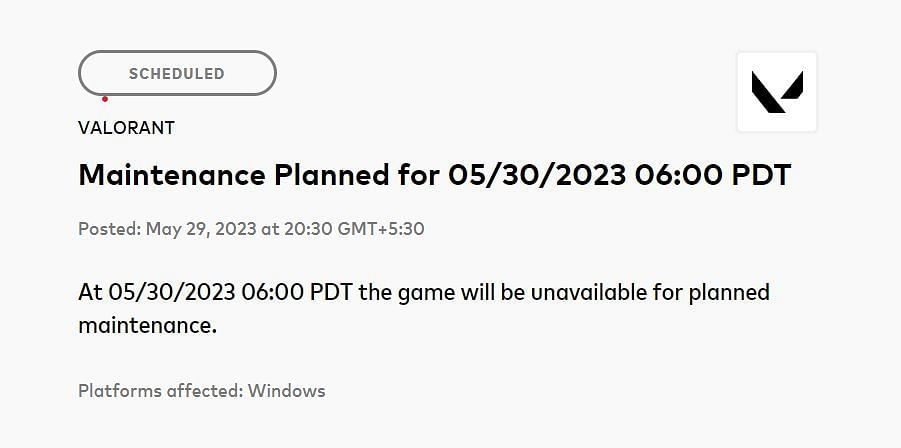 Valorant server downtime today, May 30 (Image via Riot Games)