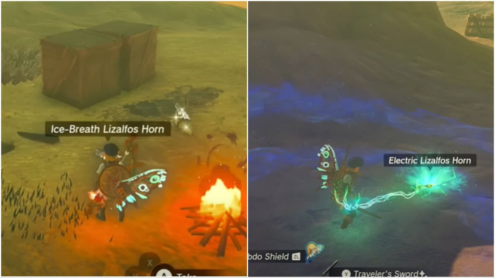 The Ice-Breath Lizalfos Horn and Electric Lizalfos Horns (Image via The Legend of Zelda Tears of The Kingdom)