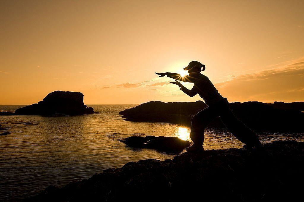 Woman practicing qigong on a rocky ocean shore with the warm colors of the Sun in the background(Image via Getty Images)