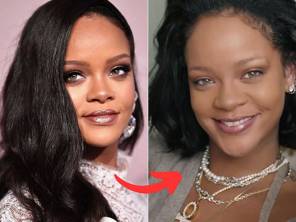 Stills of Rihanna before (left) and after (right) makeup look (Images Via Getty Images)