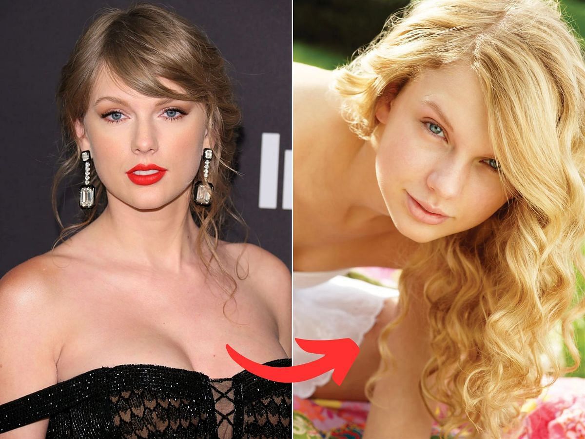 Stills of Taylor Swift before (left) and after (right) makeup look (Images Via Getty Images)