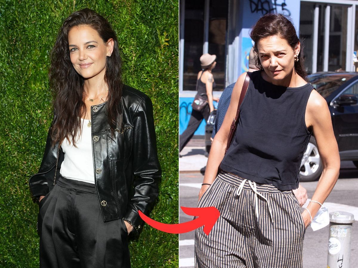 Stills of Katie Holmes before (left) and after (right) makeup look (Images Via Getty Images)
