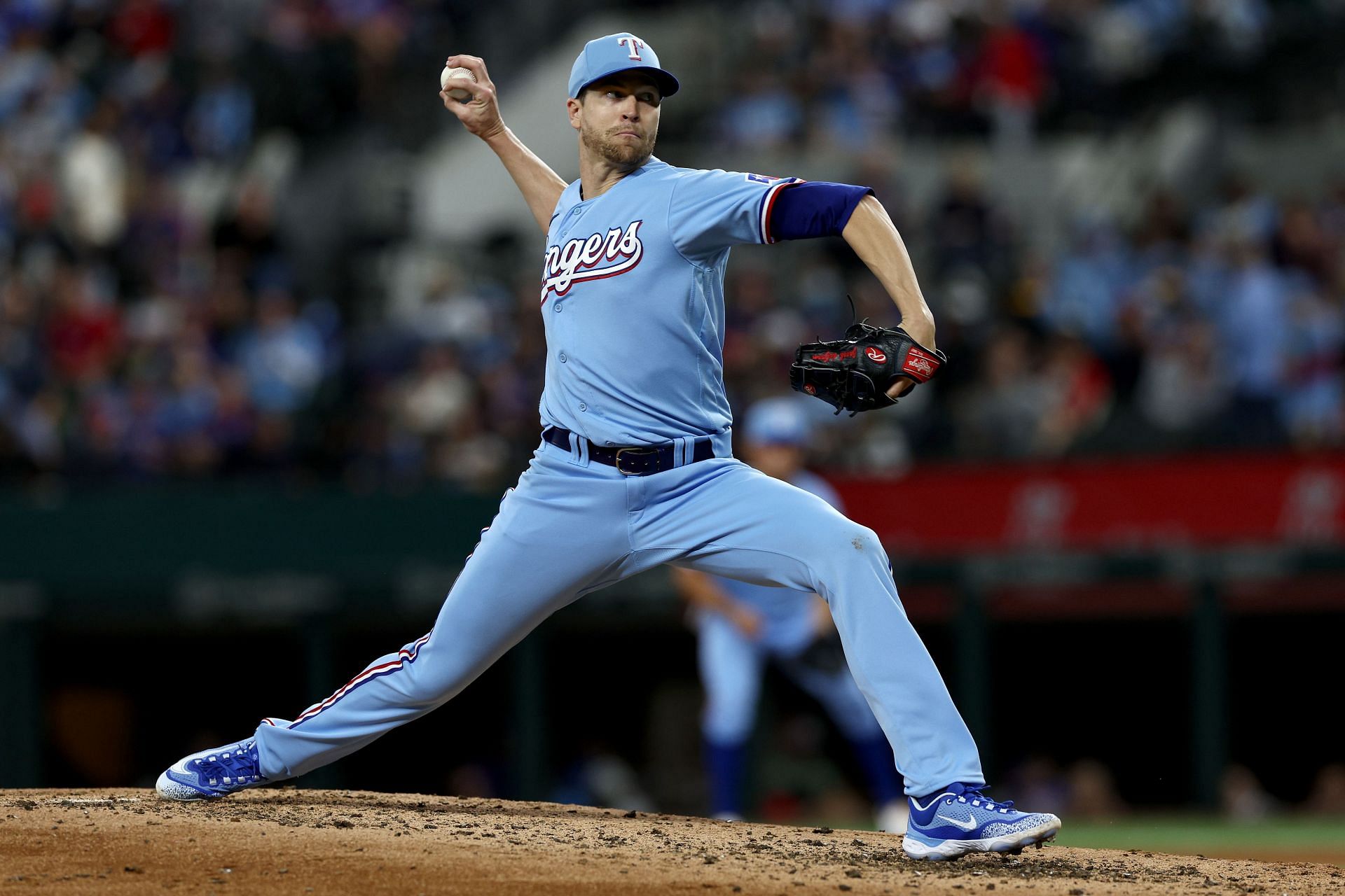 Jacob DeGrum of the Texas Rangers pitches against the Oakland Athletics in the top of the fourth inning at Globe Life Field on April 23.