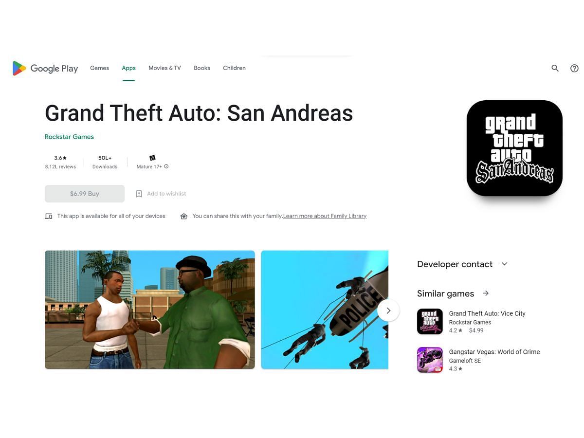 Grand Theft Auto: San Andreas on Play Store (Image via Sportskeeda)