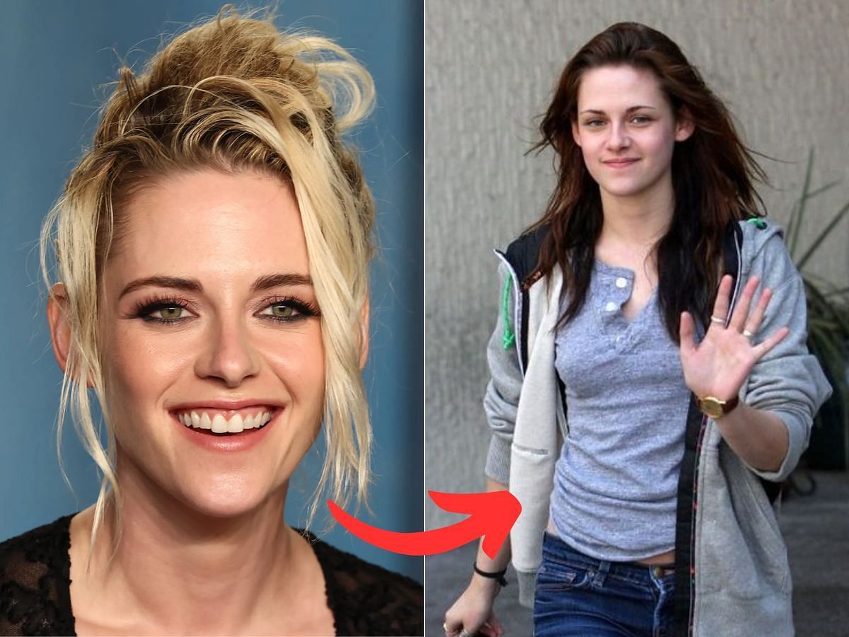 Stills of Kristen Stewart before (left) and after (right) makeup look (Images Via Getty Images)