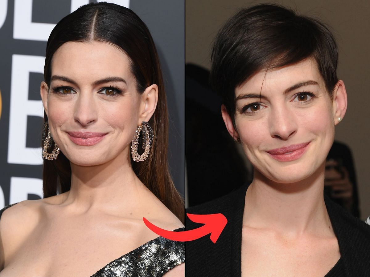 Stills of Anne Hathaway before (left) and after (right) makeup look (Images Via Getty Images)