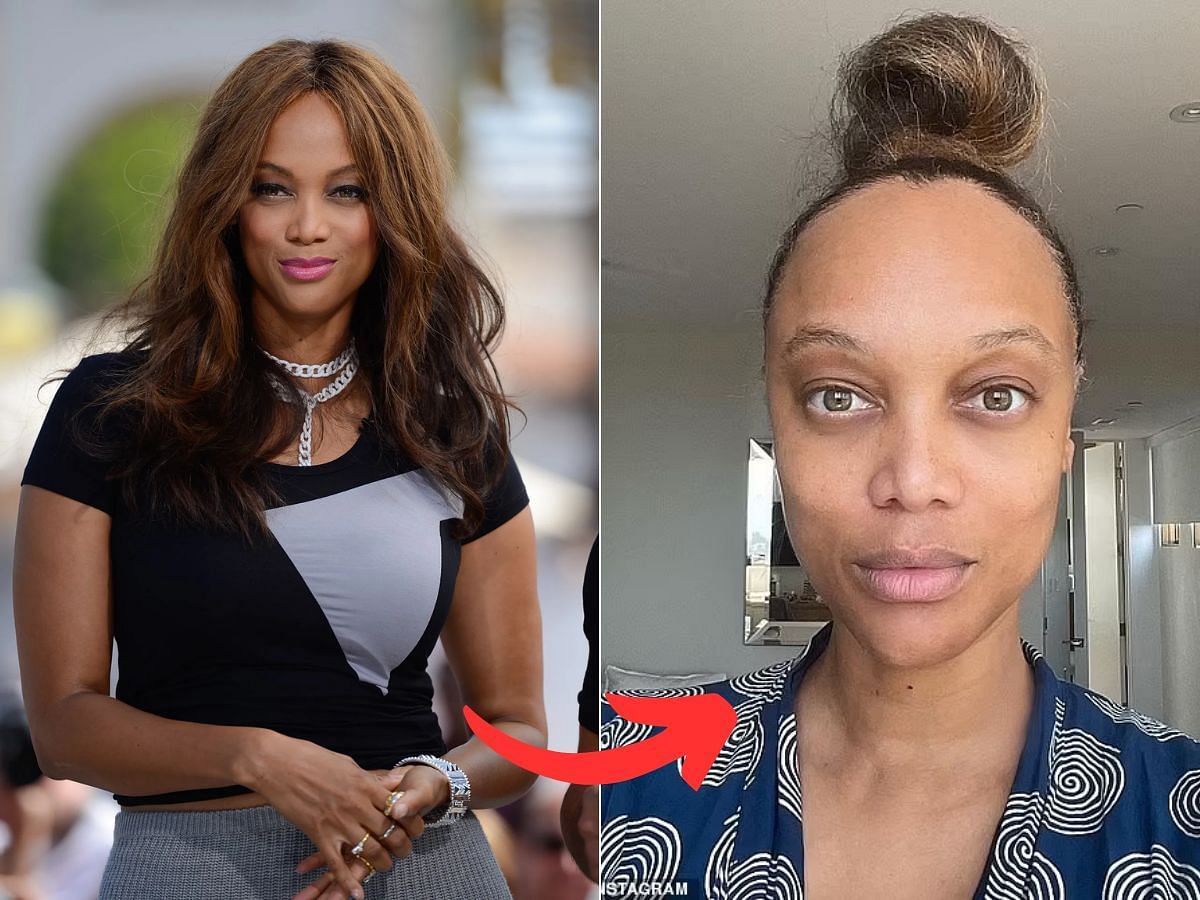 Stills of Tyra Banks before (left) and after (right) makeup look (Images Via Getty Images)