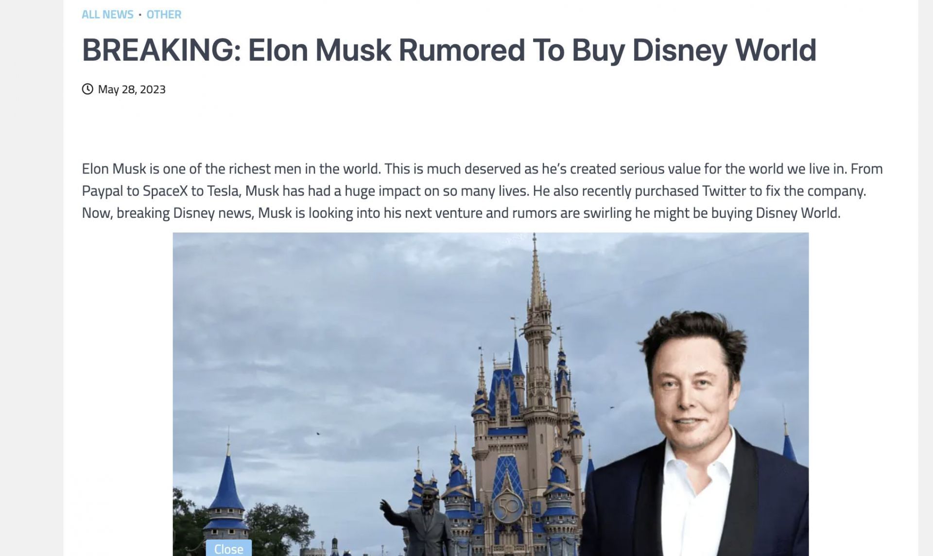 Fact Check: Is Elon Musk buying Disney World? Viral article debunked