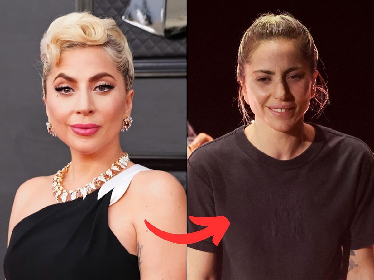 Stills of Lady Gaga before (left) and after (right) makeup look (Images Via Getty Images)