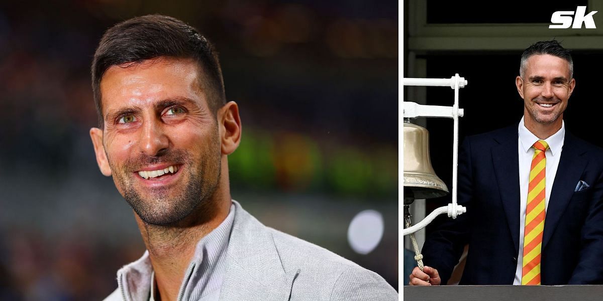 Novak Djokovic congratulates Kevin Pietersen on ringing the five-minute bell at Lord’s Cricket Ground