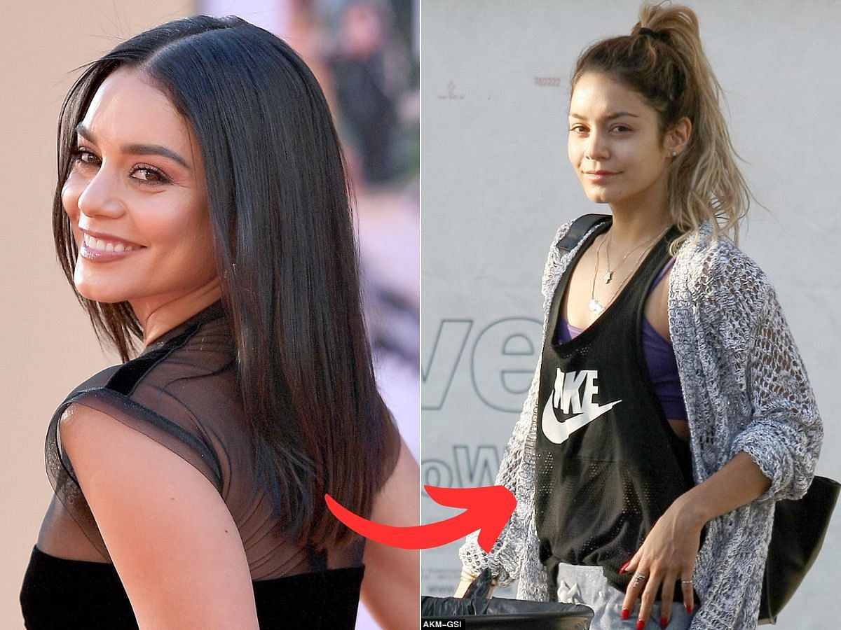 Stills of Vanessa Hudgens before (left) and after (right) makeup look (Images Via Getty Images)