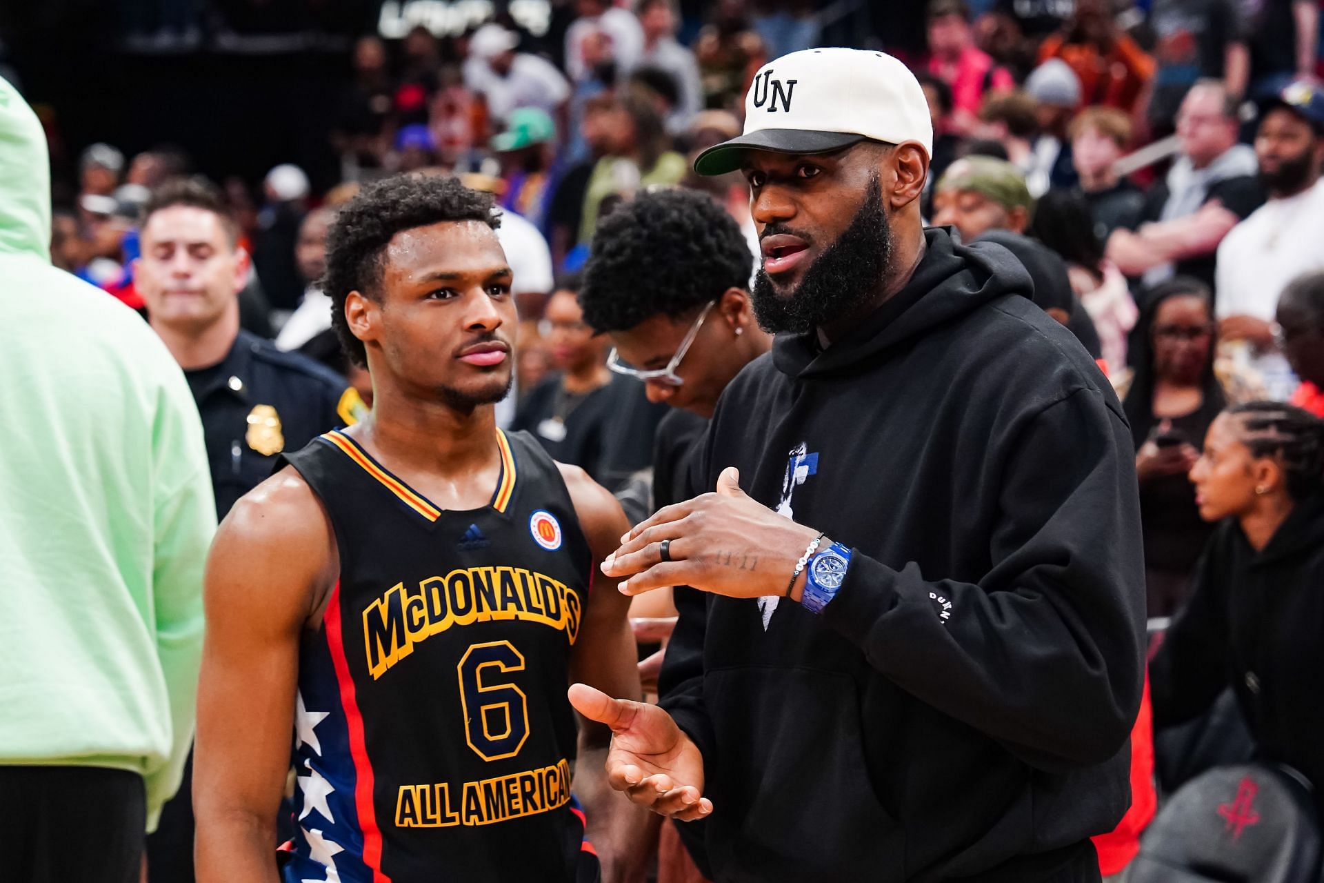 Bronny and LeBron James at the 2023 McDonald&#039;s All-American Game