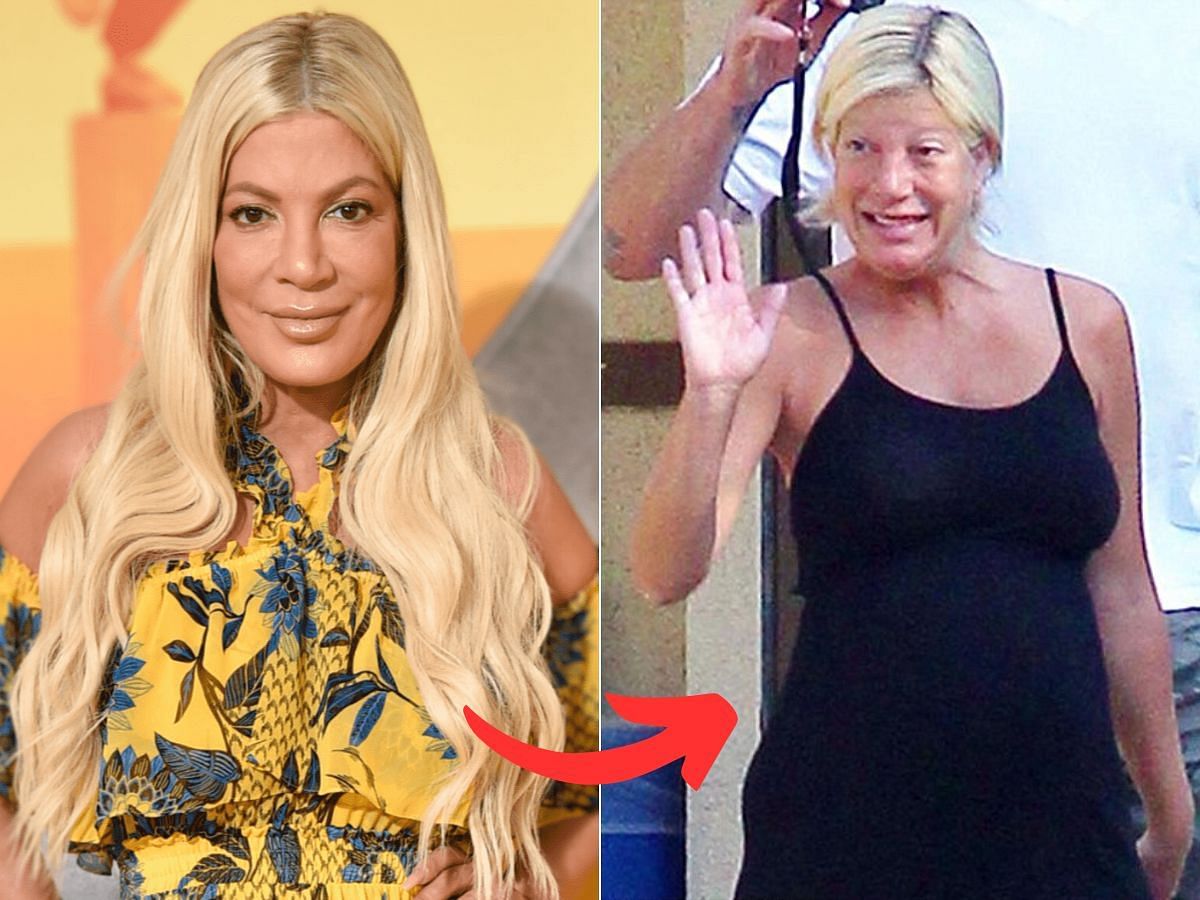 Stills of Tori Spelling before (left) and after (right) makeup look (Images Via Getty Images)