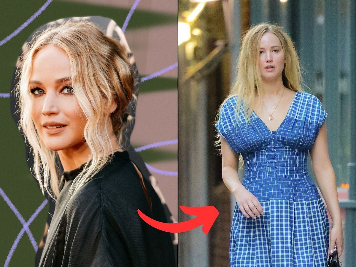 Stills of Jennifer Lawrence before (left) and after (right) makeup look (Images Via Getty Images)