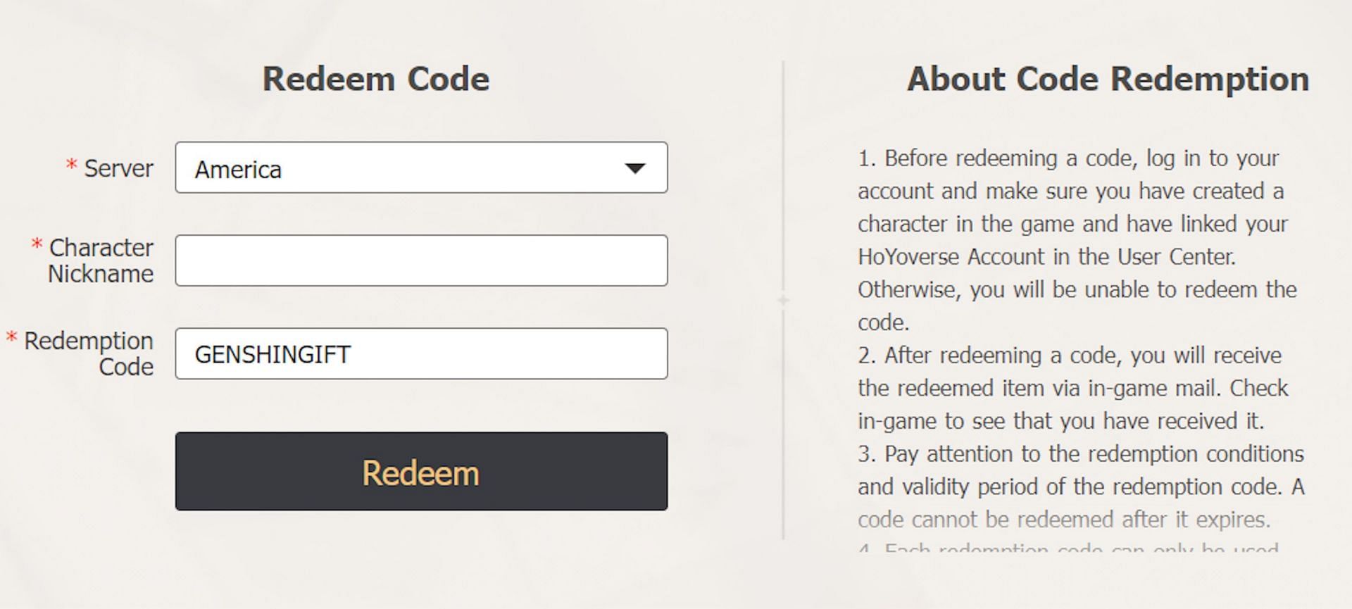 Một ví dụ về người chơi nhập mã trên trang web chính thức (Hình ảnh qua HoYoverse)