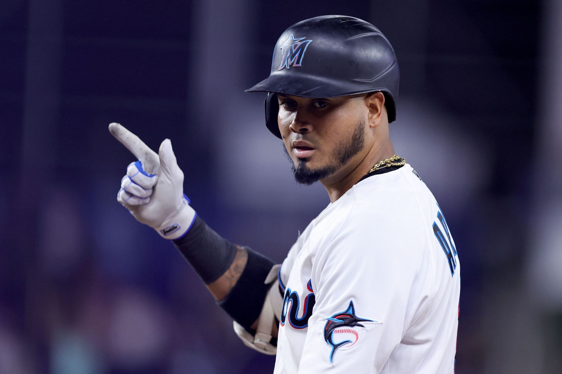 Luis Arrays #3 of the Miami Marlins reacts after hitting a single against the Toronto Blue Jays