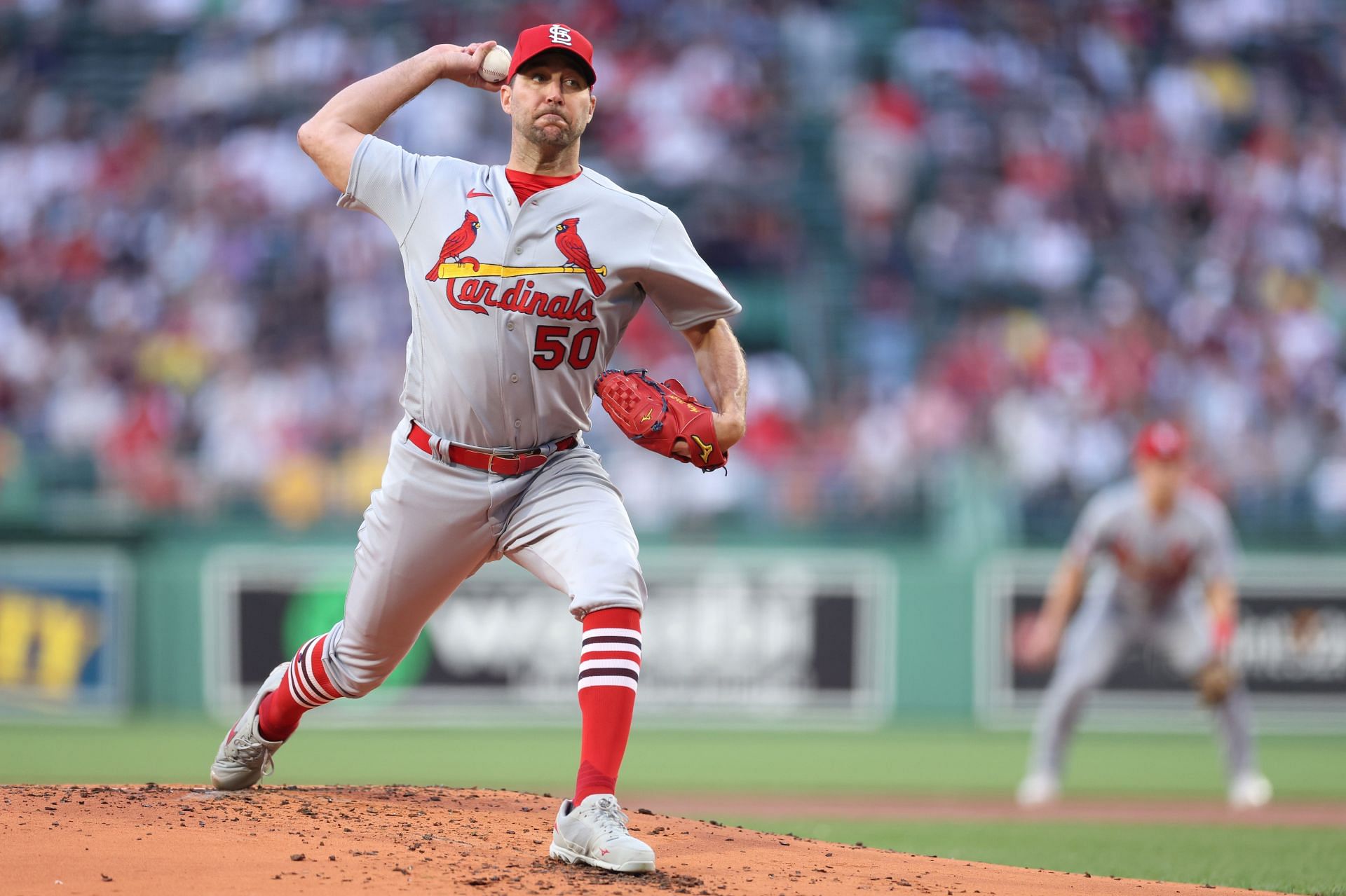 Adam Wainwright #50 of the St. Louis Cardinals pitches against the Boston Red Sox