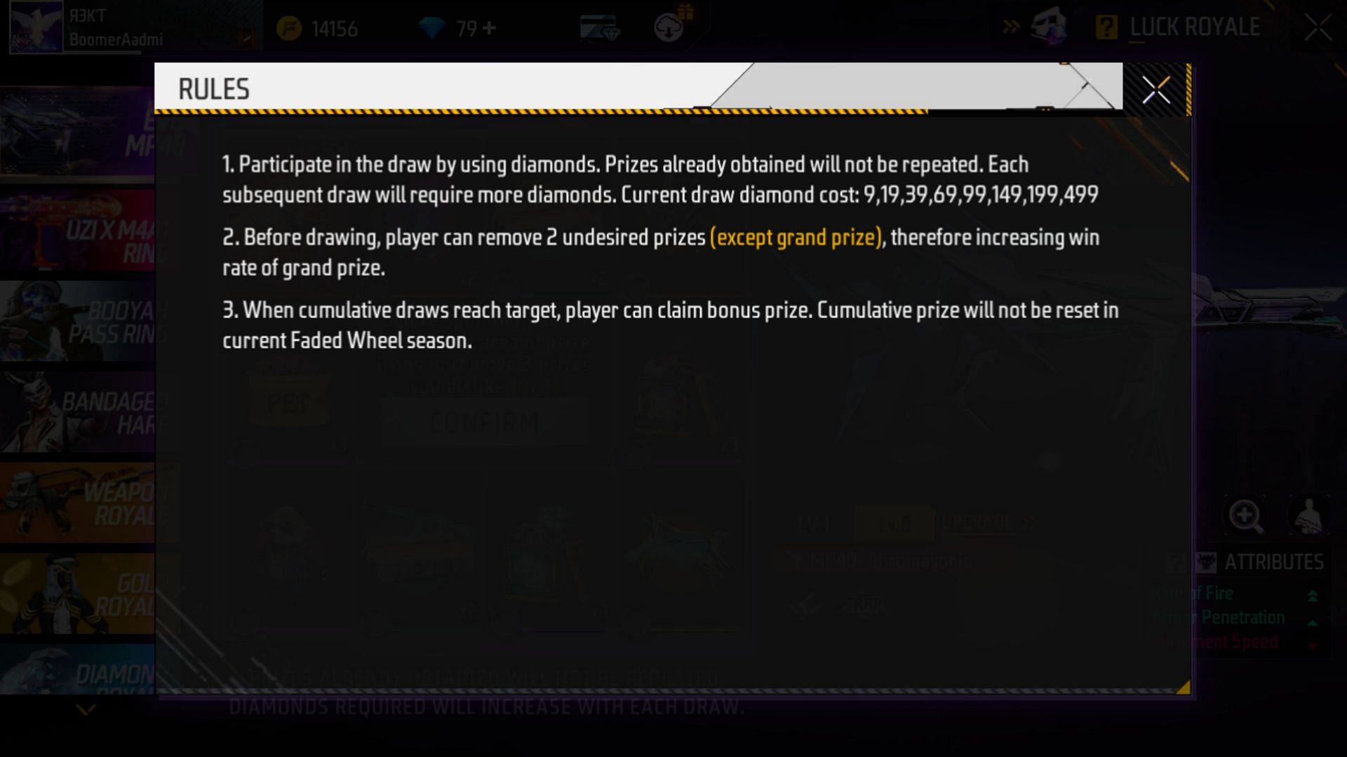 Event rules for the newly added fade wheel (Image via Garena)