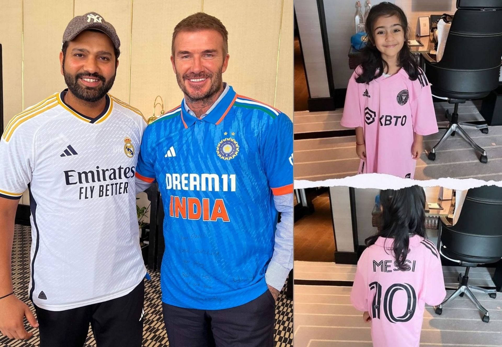 Football legend David Beckham gifts a Lionel Messi jersey to Rohit Sharma's daughter Samaira