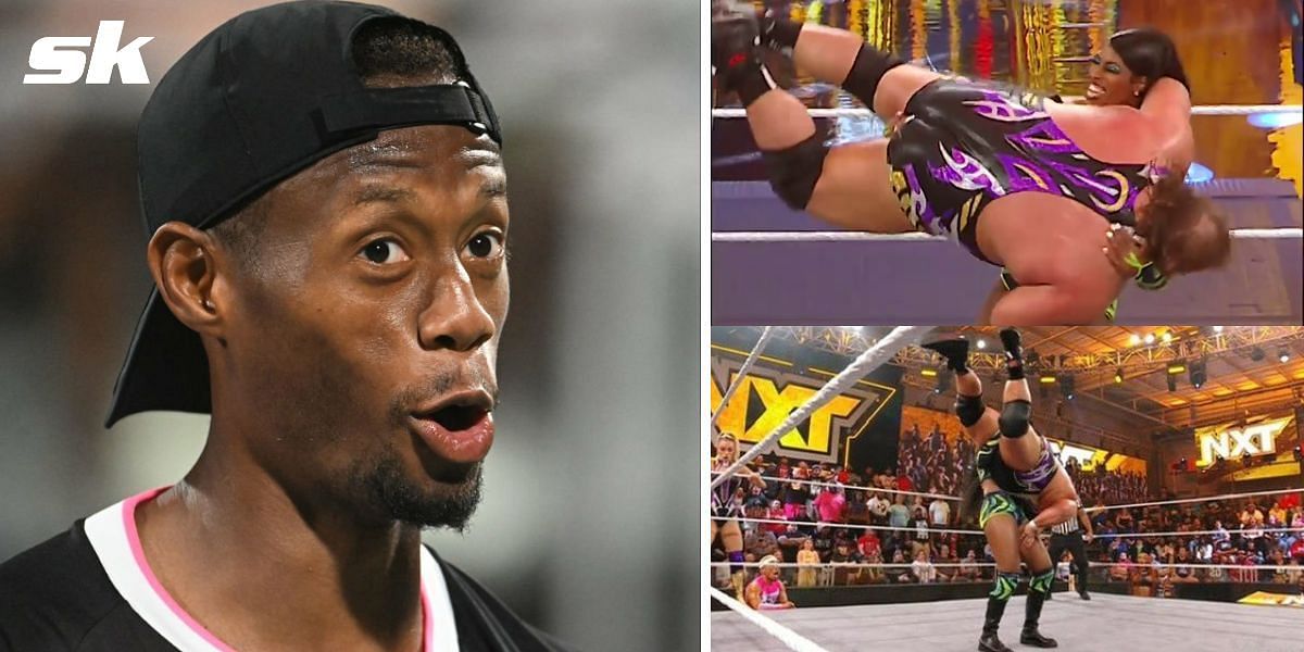 Christopher Eubanks reacts to Lash Legend's jaw-dropping body slam on WWE NXT