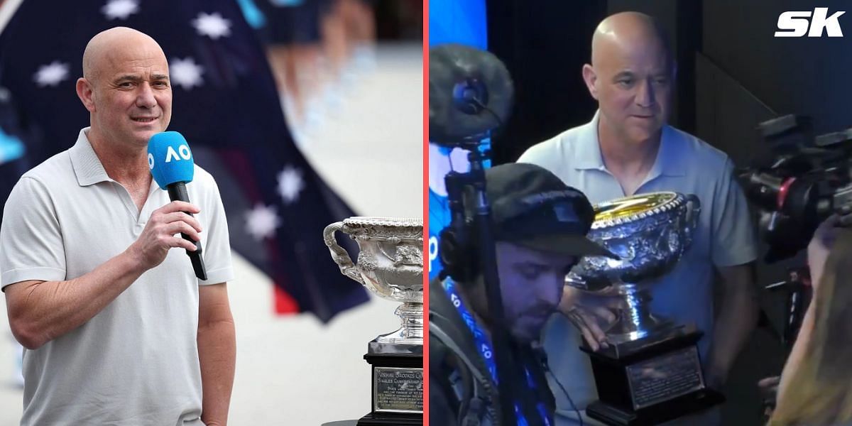 WATCH: Andre Agassi poses with Australian Open trophy which he won 4 times before walking out onto Rod Laver Arena for 2024 opening ceremony