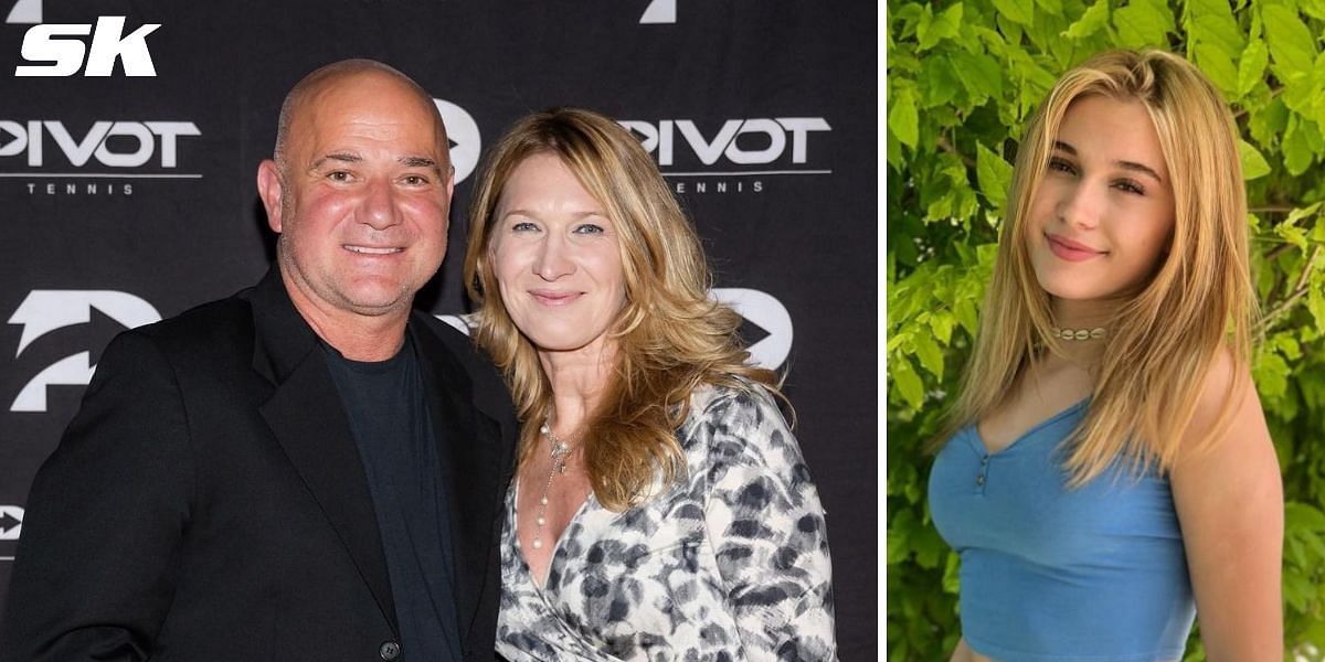 Andre Agassi and Steffi Graf's daughter Jaz reacts to her father kissing mother's winner's portrait at Australian Open