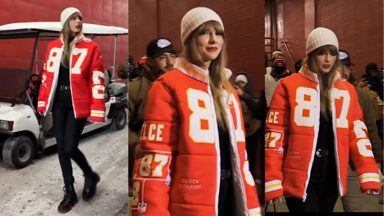 IN PHOTOS: Taylor Swift rocks custom-made Travis Kelce-themed puffer jacket for playoff debut at Arrowhead