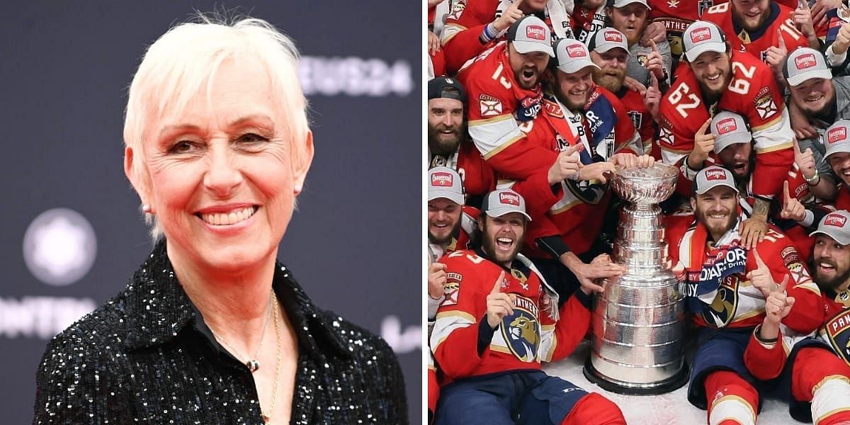 Martina Navratilova and wife Julia hang out with Aleksander Barkov as they bump into Florida Panthers, legend sips beer from team's Stanley Cup trophy