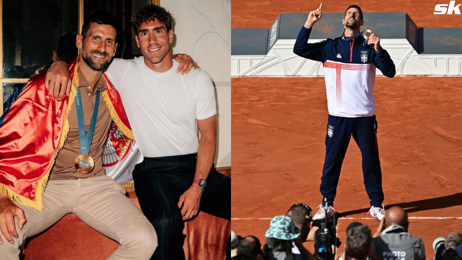 WATCH: Novak Djokovic sings and dances alongside Serbian football star Dusan Vlahovic with wine in hand as he joyously celebrates Olympic gold win