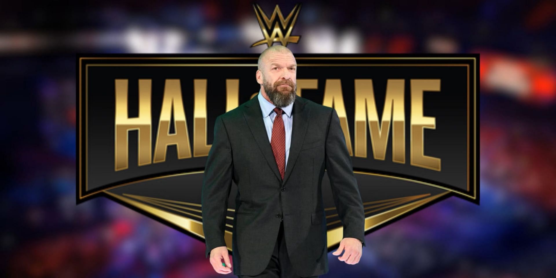 Triple H Inducted To Hall of Fame riple H in a formal suit standing in front of the WWE Hall of Fame logo, representing his legendary career and lasting impact on professional wrestling.