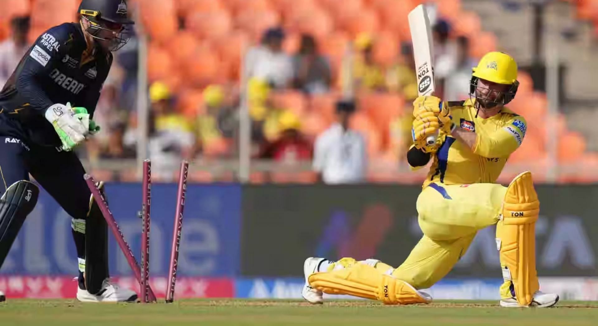 Rashid Khan knocks over Devon Conway for 52 immediately after being belted for a six in GT vs CSK IPL 2025 match [Watch]