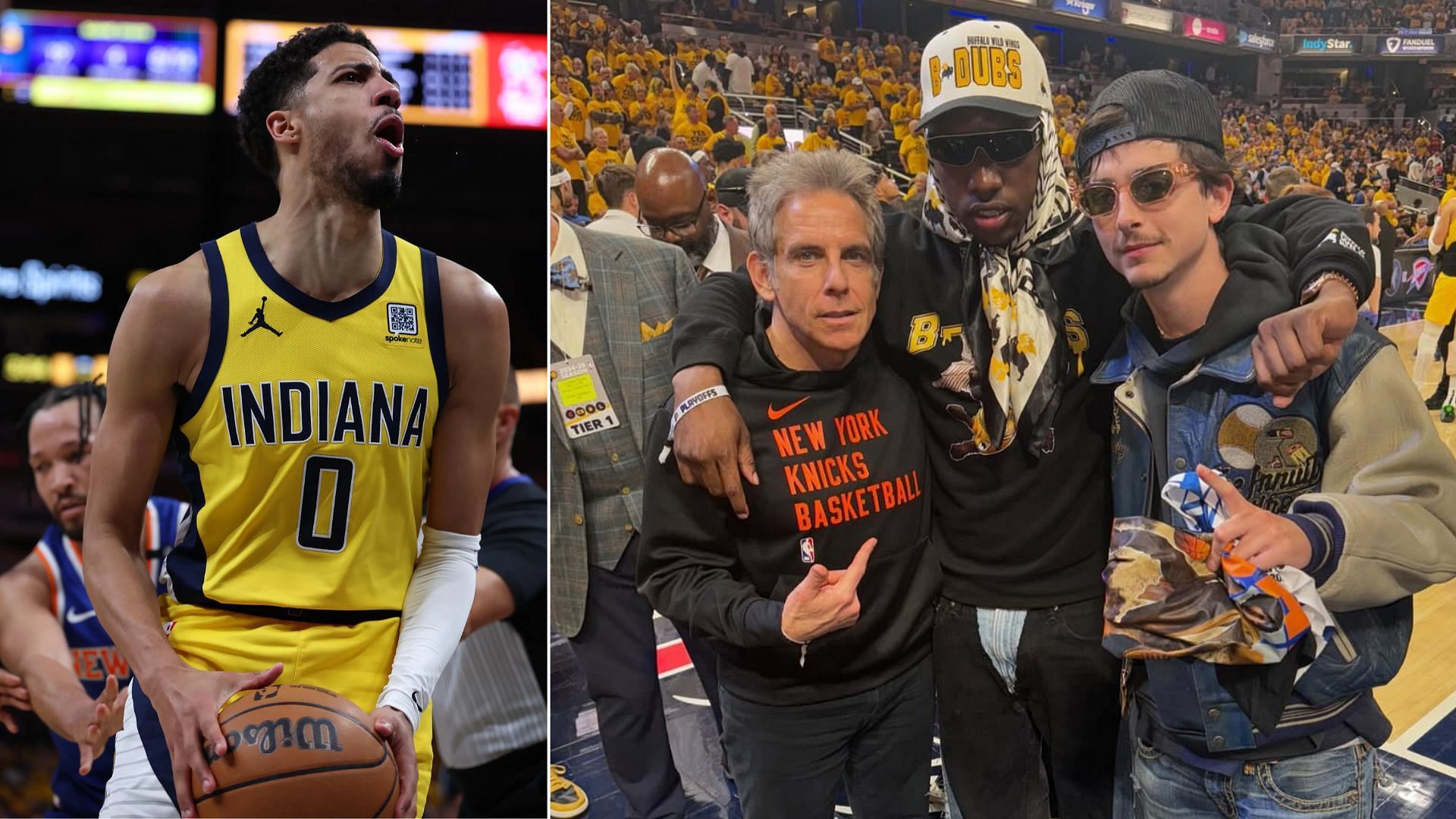 WTHELLY hitmaker embraces Tyrese Haliburton, flexes on Spike Lee & Timothee Chalamet while cheering on Pacers stars historic triple-double