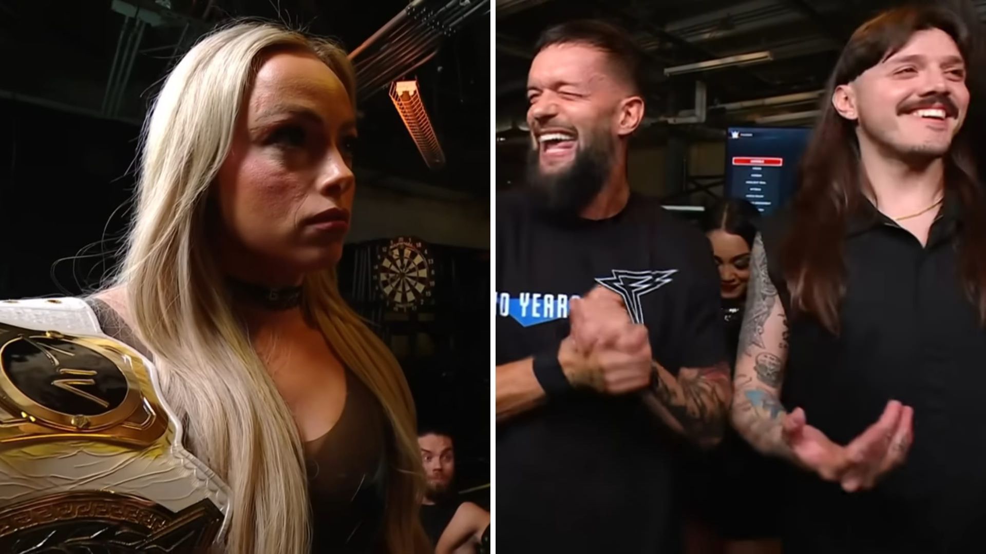 Finn Balor reacts after Liv Morgan catches Dominik Mysterio with another female WWE star