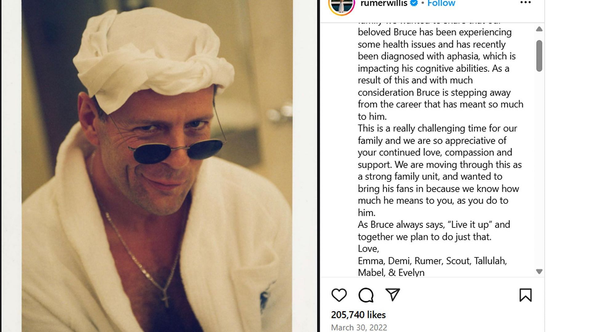 The family statement for Bruce Willis retirement (Image via instagram@/rumerwillis)