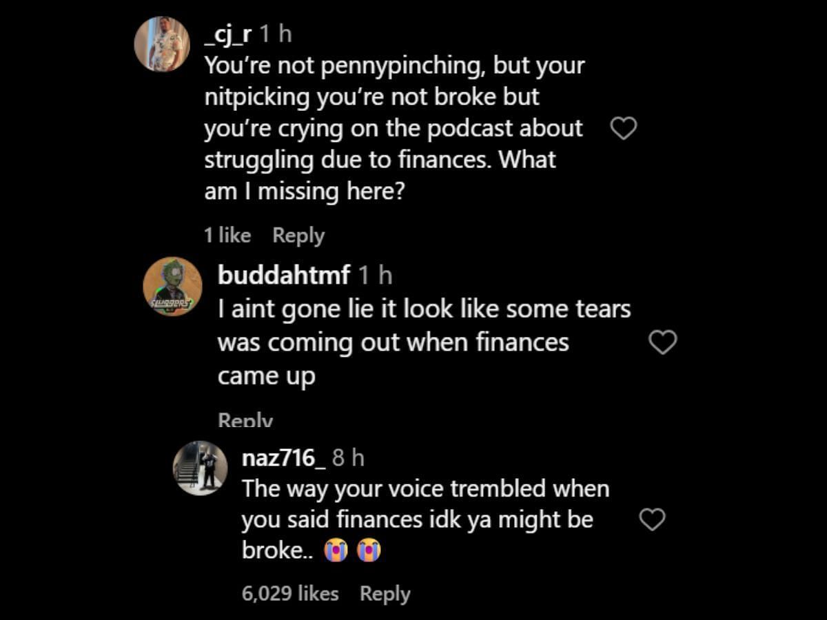 Netizens discuss the influencer's comments on not being broke. (Image via Instagram/@theshaderoom)