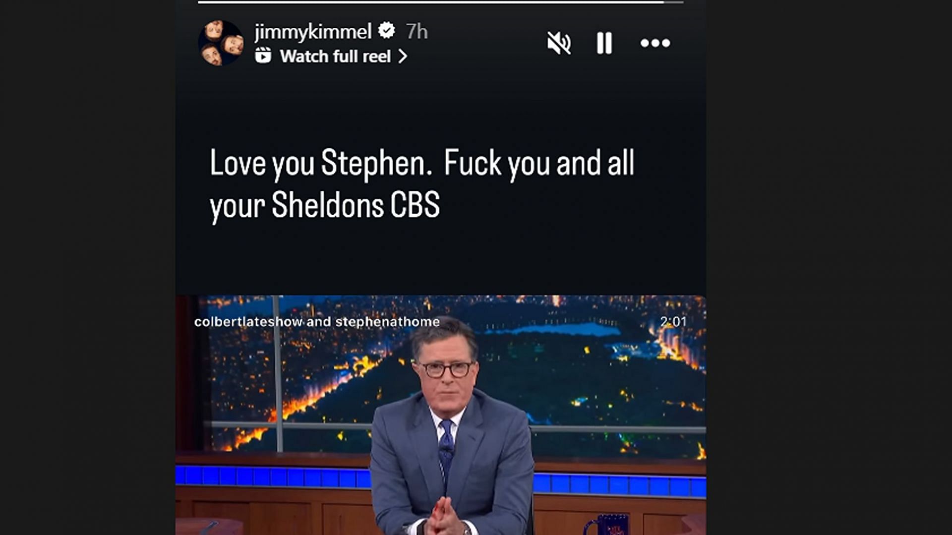 Kimmel replied to Colbert’s cancellation Instagram reel on his stories (Image via instagram@/jimmykimmel)