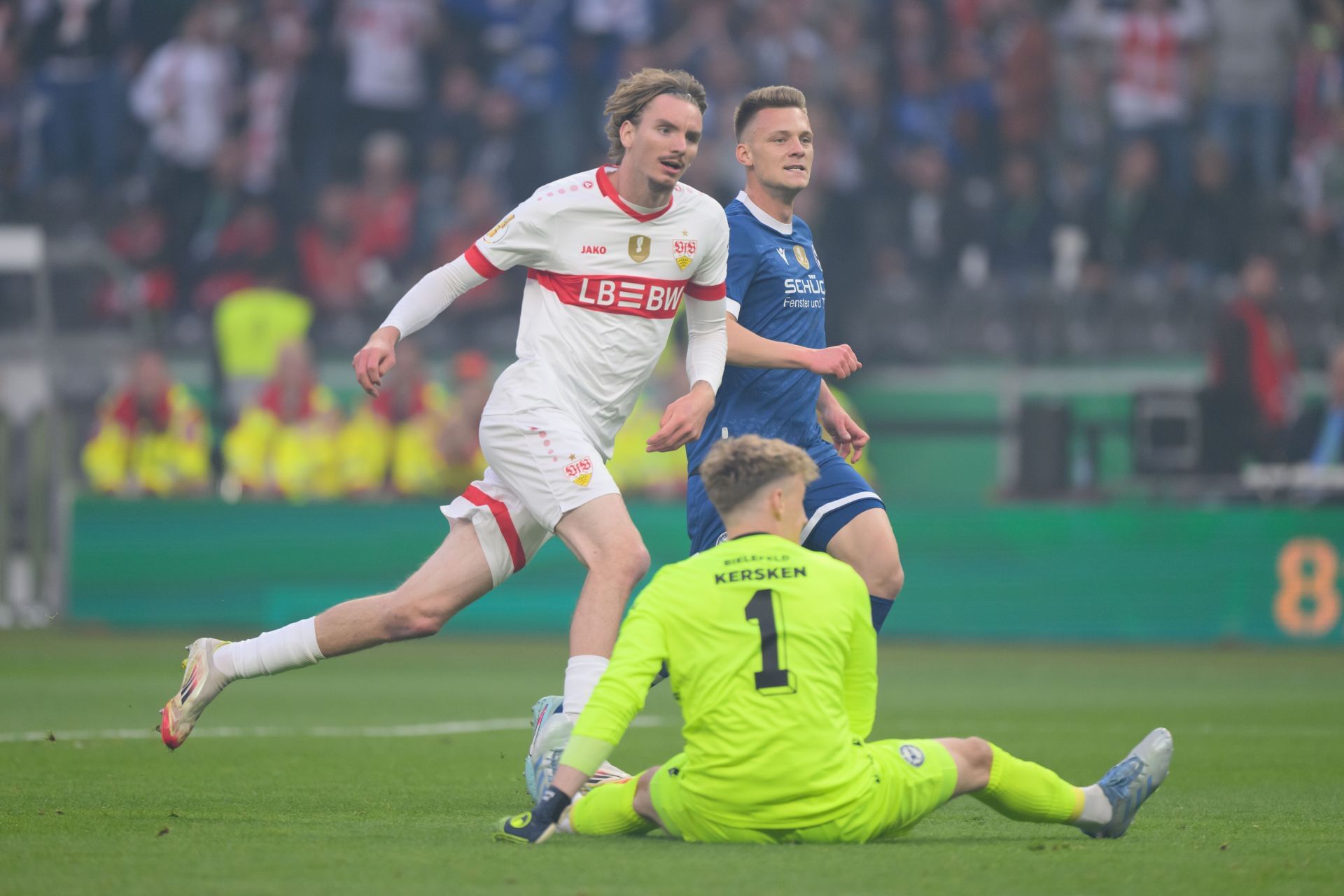 Nick Woltemade of VfB Stuttgart celebrates after scoring his team’s first goal during the DFB Cup Final 2025 between DSC Arminia Bielefeld and VfB Stuttgart at Olympiastadion on May 24, 2025 in Berlin, Germany. (Photo by Christian Kaspar-Bartke/Getty Images)