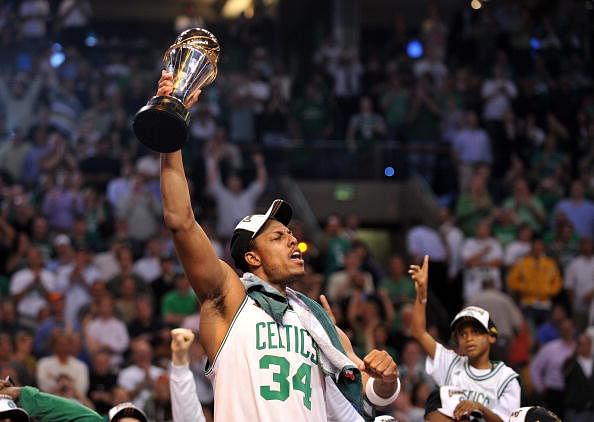 Boston Celtics&#039; Paul Pierce celebrates with his MVP trophy after winning Game 6 of the 2008 NBA Finals in Boston, Massachusetts, June 17, 2008.  The Boston Celtics captured the National Basketball Association championship, routing the Los Angeles Lakers 131-92 to win the best-of-seven NBA Finals four games to two. 
